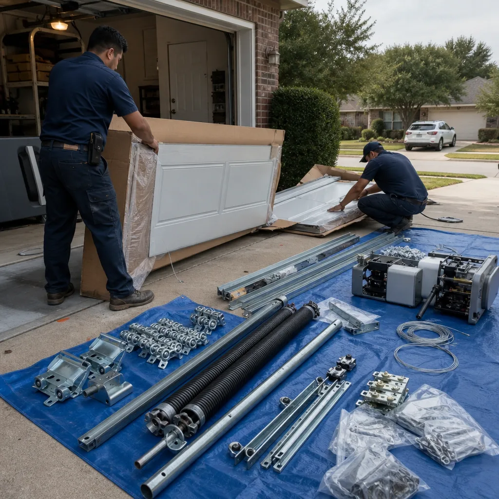 Two professional technicians performing a residential garage door installation