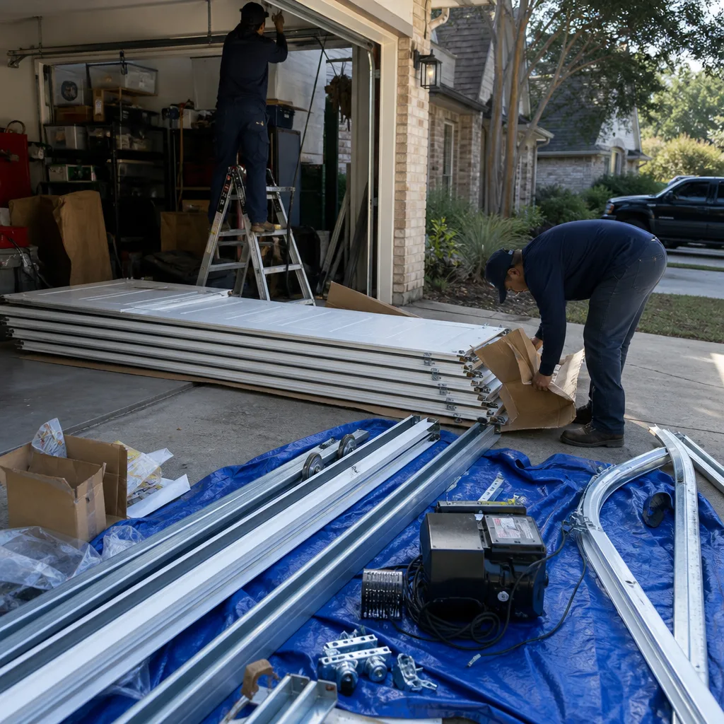Technicians performing a residential garage door installation