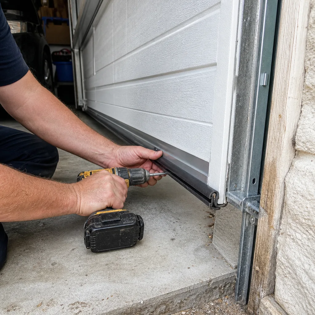 Technician installing new weather stripping on the bottom of a garage door