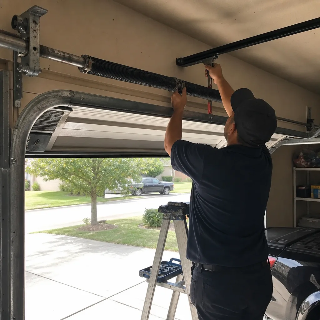 Technician performing professional garage door opener maintenance and spring repair