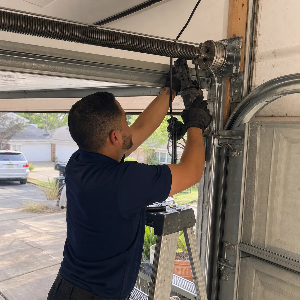 Technician performing professional garage door opener and spring repair