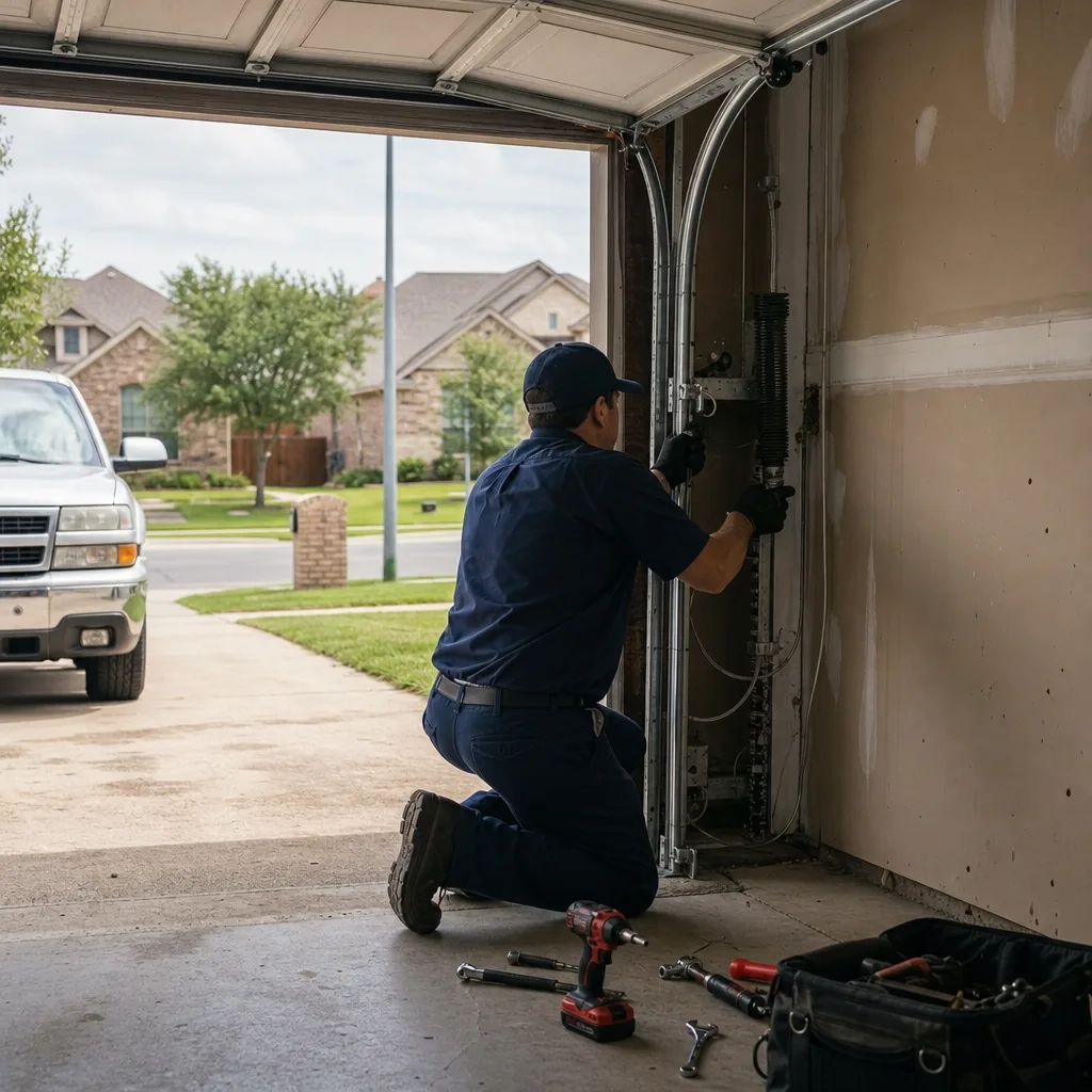 Technician repairing a garage door opener spring mechanism