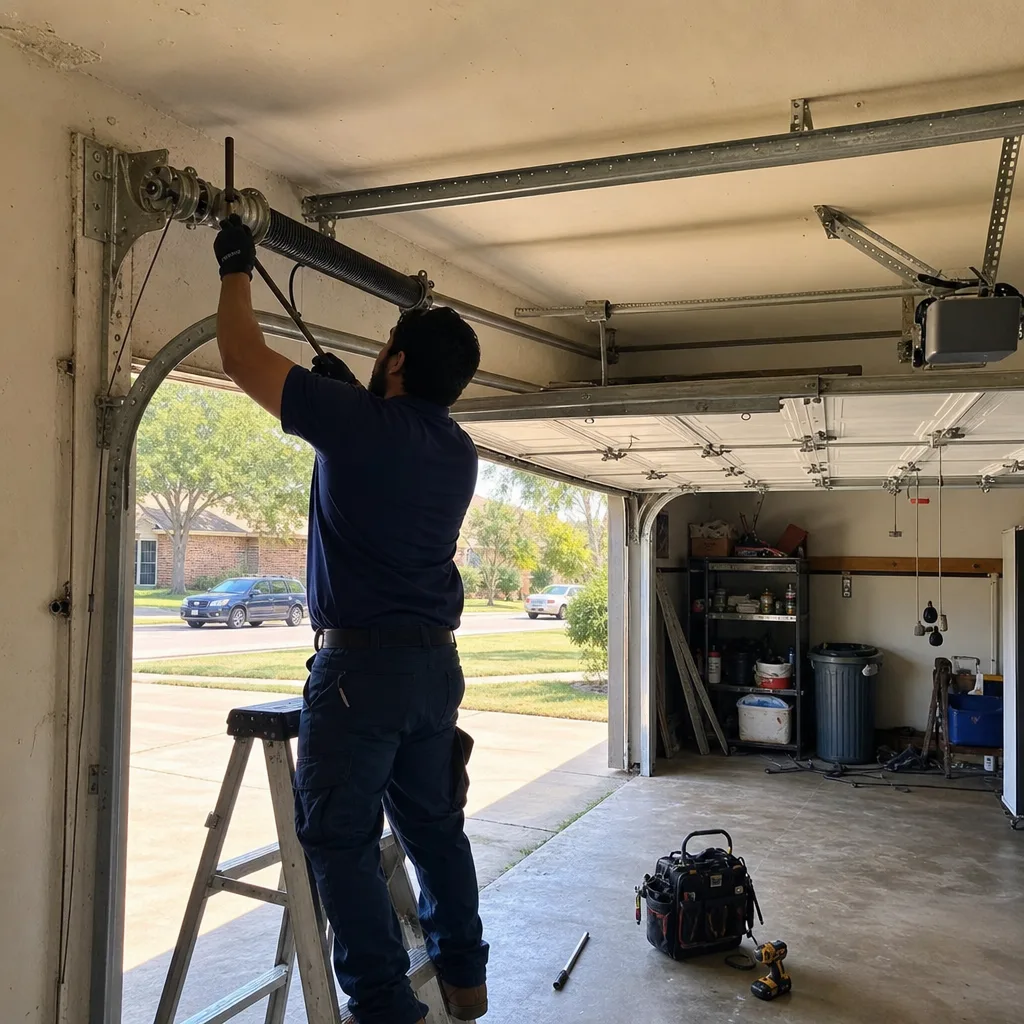Technician performing professional garage door spring repair and maintenance