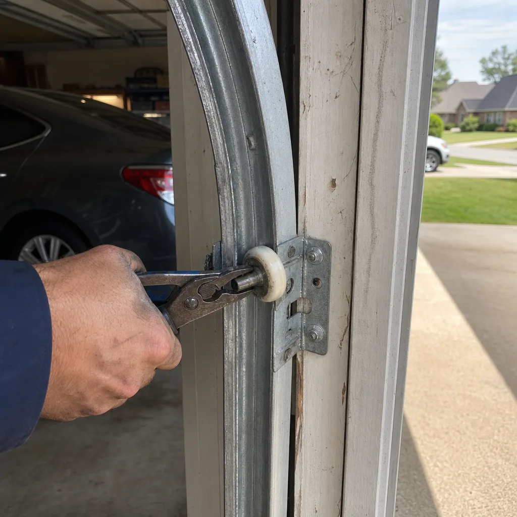 Technician performing garage door roller repair and track maintenance.