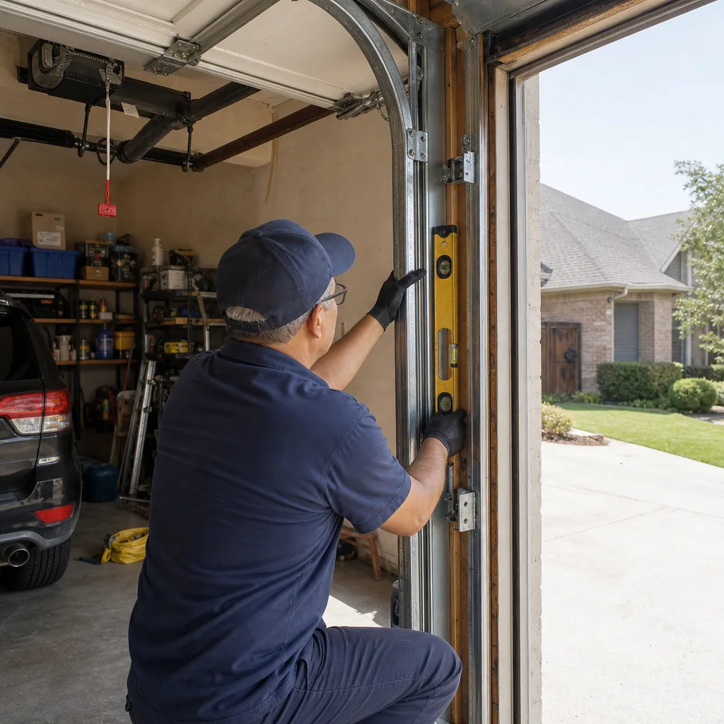 Technician using a level to adjust a garage door track