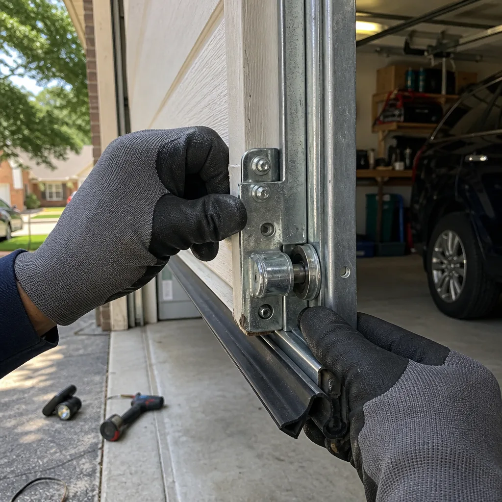 Technician performing professional emergency garage door roller repair nationwide
