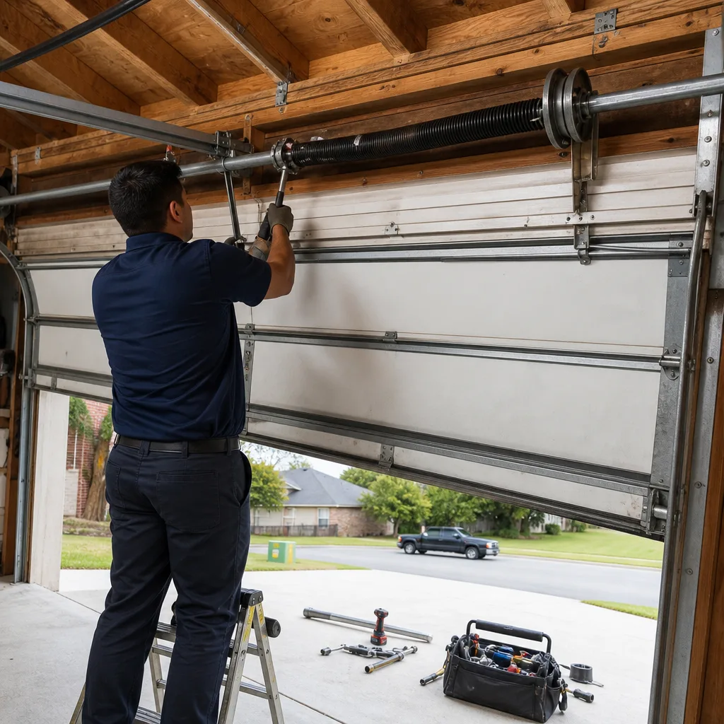 Technician performing emergency garage door spring repair and maintenance nationwide
