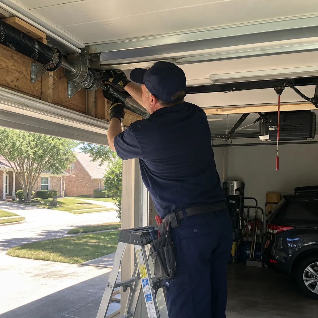 Technician performing emergency garage door spring repair on a ladder nationwide