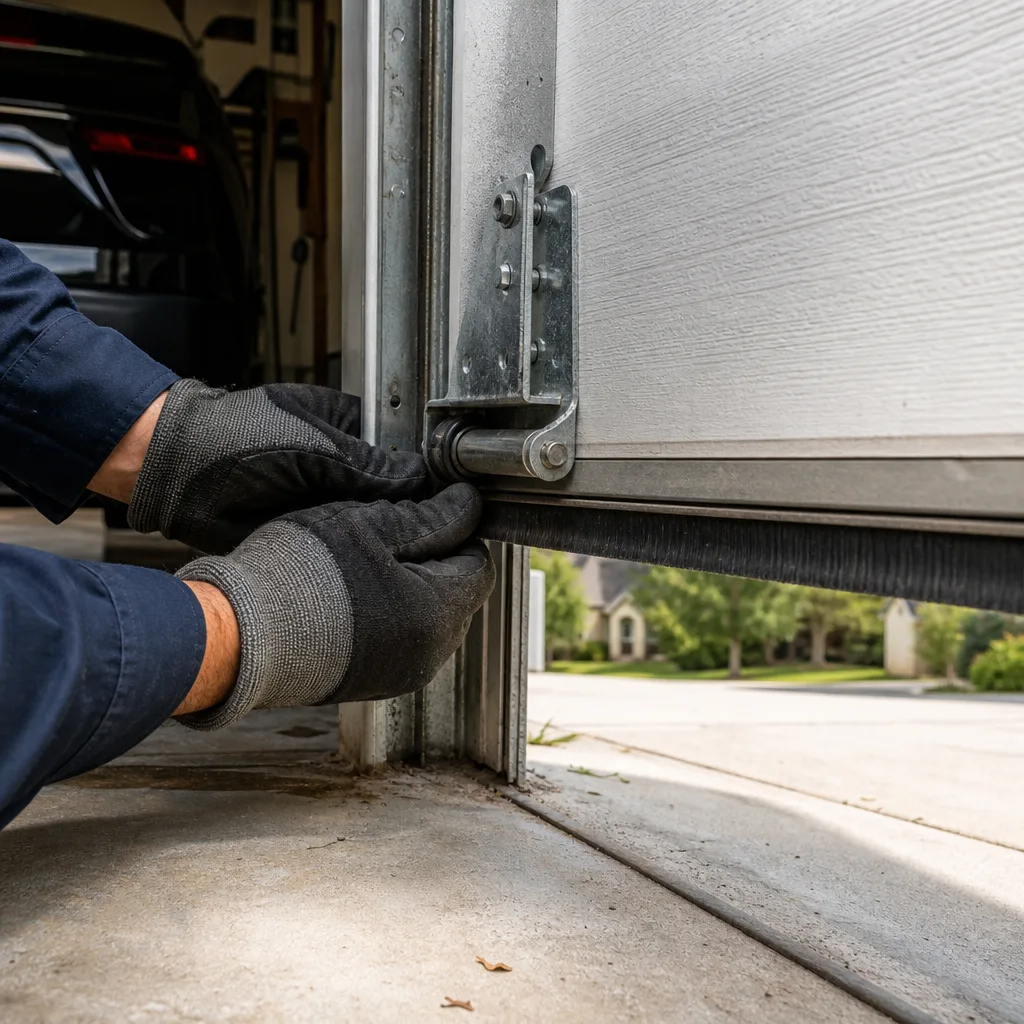 Technician repairing garage door rollers and hardware components nationwide