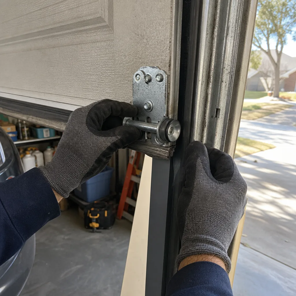 Technician installing new garage door roller into hinge bracket nationwide