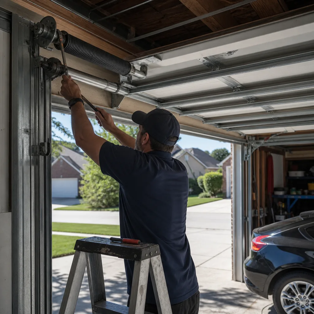 Technician performing professional garage door spring repair and maintenance nationwide