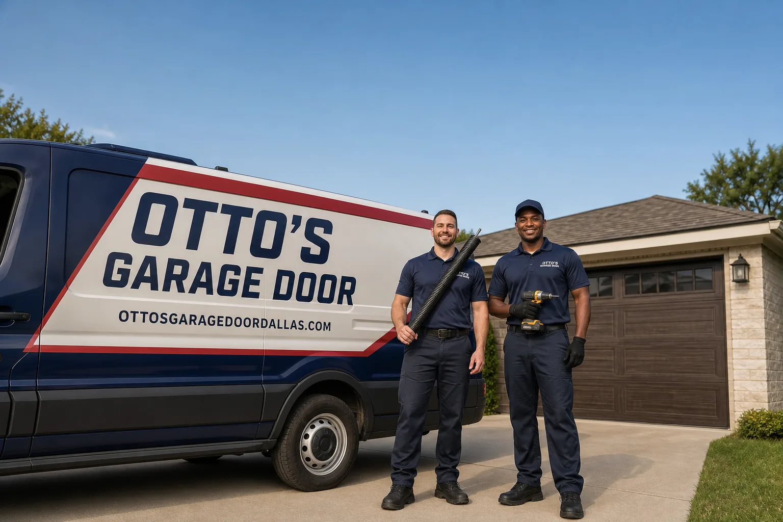 Otto's Garage Door garage door service vehicle and crew in Dallas, TX